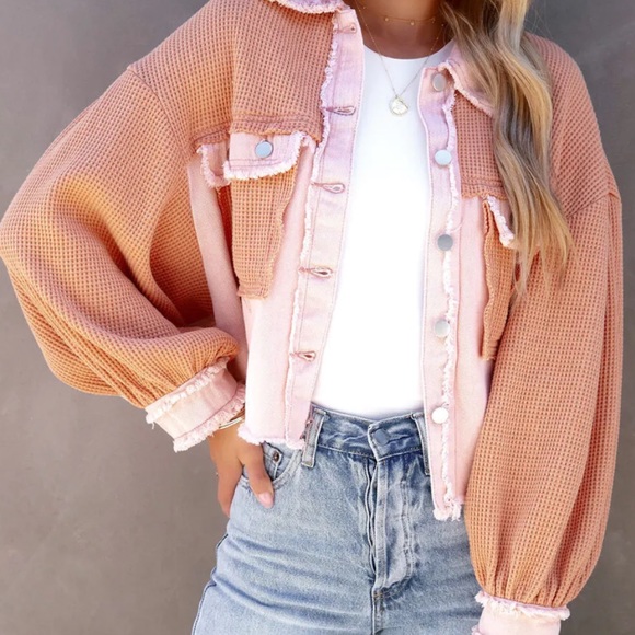 Vici Monica Cotton Waffle Knit Frayed Shacket • Pink Orange Combo - Picture 11 of 11